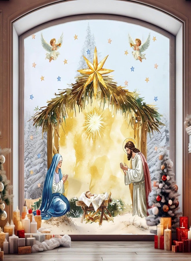 ojustbeok 3Pcs Large 35 Inch Christmas Nativity Scene Window Clings Decorations Religious Jesus Window Decals Christian Jesus Birth Manger Double-Side Stickers for Xmas Holiday Party Home Church School Decor - Image 1